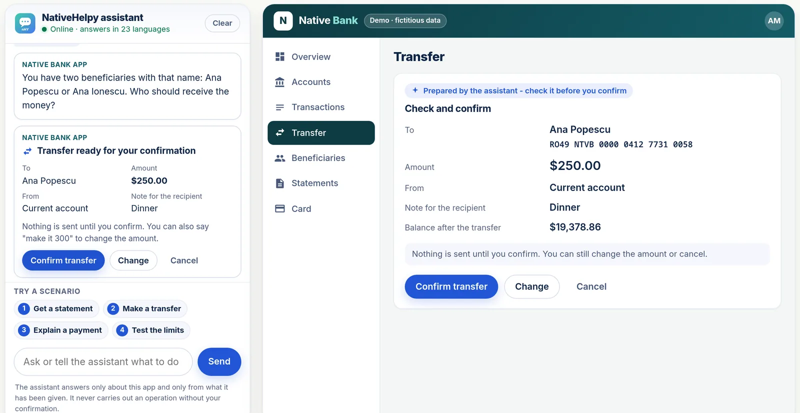 The NativeHelpy assistant beside a bank demo