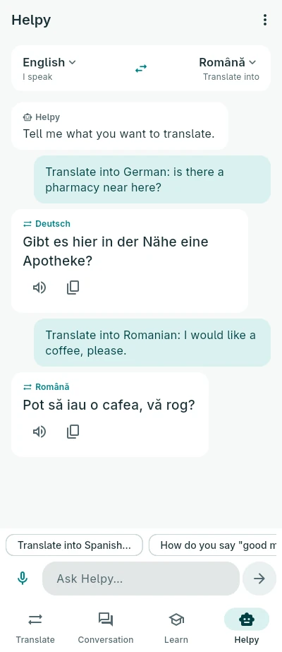Asking Helpy how to say a phrase in another language