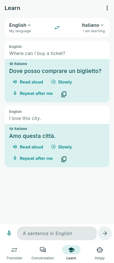 Learn: English sentences in Italian, with Read aloud, Slowly and Repeat after me