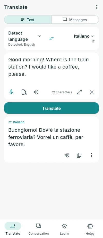 Helpy Translate translating an English text into Italian